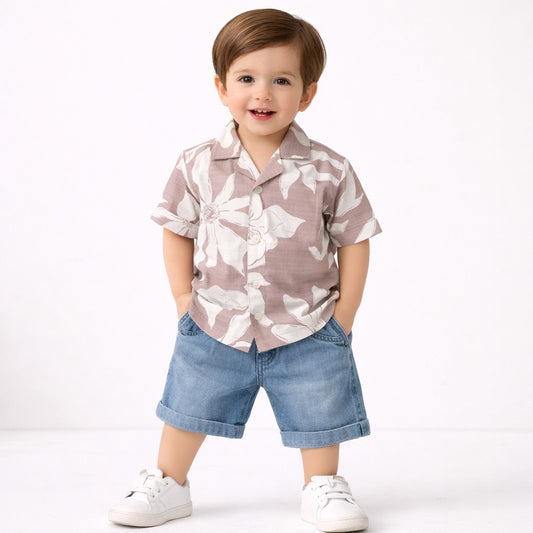 DONOO Baby Boys Floral Print Shirt & Denim Shorts Set – Pink | 6 Months to 24 Months
