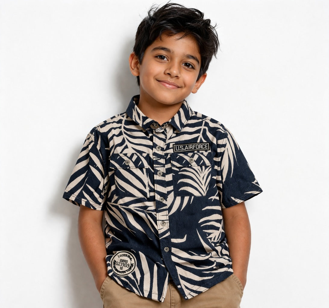 DONOO Boys Navy Printed Half Sleeve Shirt | Stylish Tropical Casual Kids Shirt (18 Months – 14 Years)