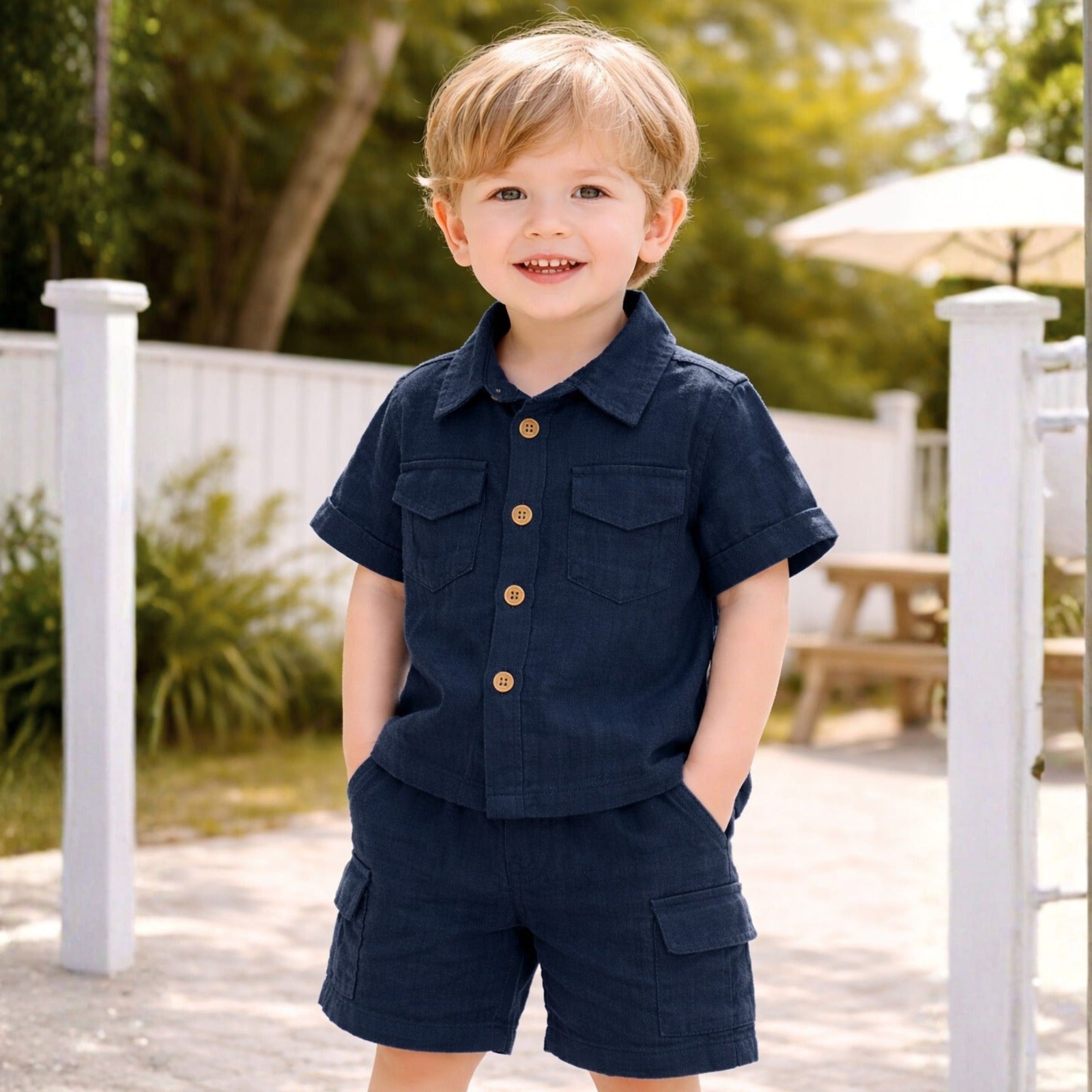 Toffy House Boys Navy Shirt & Shorts Set | Stylish Cotton Co-Ord Outfit for Kids (9 Months – 5 Years)