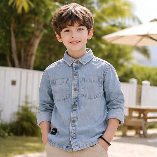DONOO Boys Light Blue Denim Casual Shirt | Trendy Full Sleeve Button-Down Kids Shirt (18 Months – 14 Years)