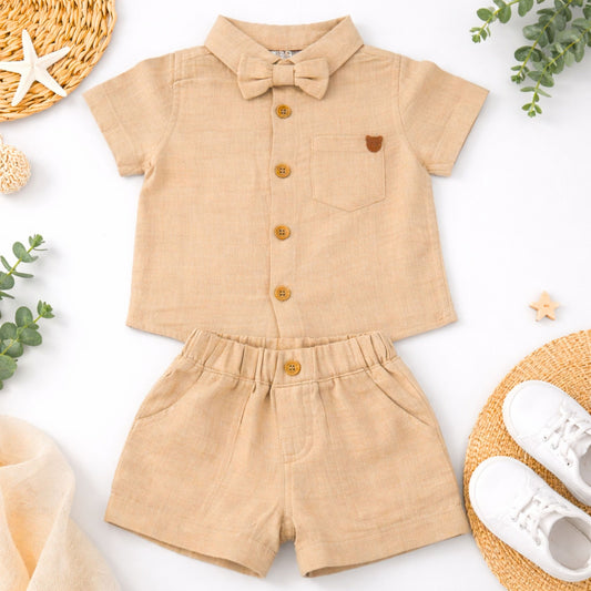 TOFFY HOUSE Baby Boys Khakhi Shirt & Shorts Set with Bow Tie (NB–9 Months)