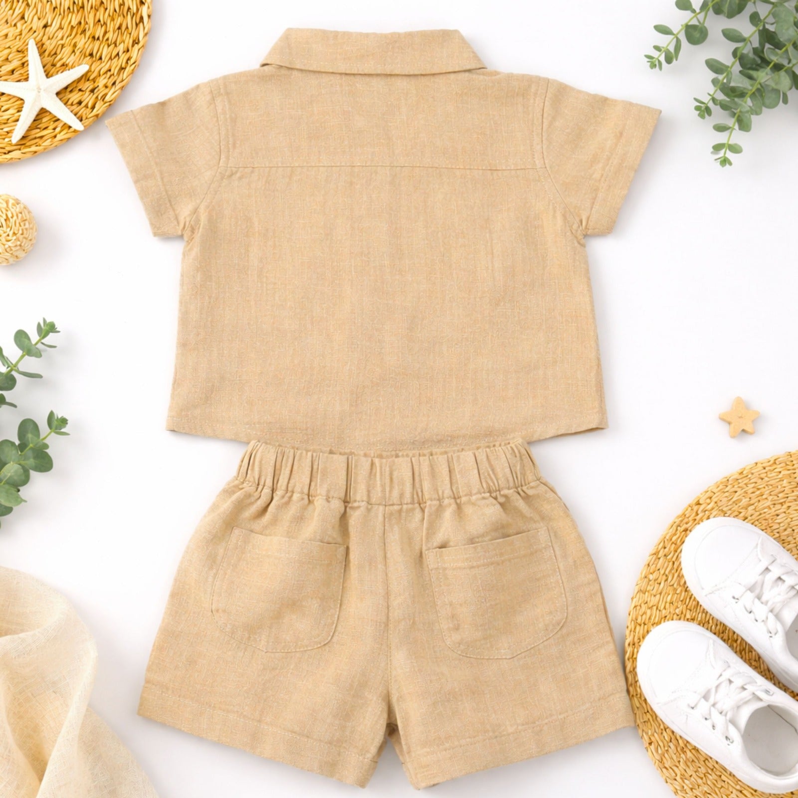 TOFFY HOUSE Baby Boys Khakhi Shirt & Shorts Set with Bow Tie (NB–9 Months)