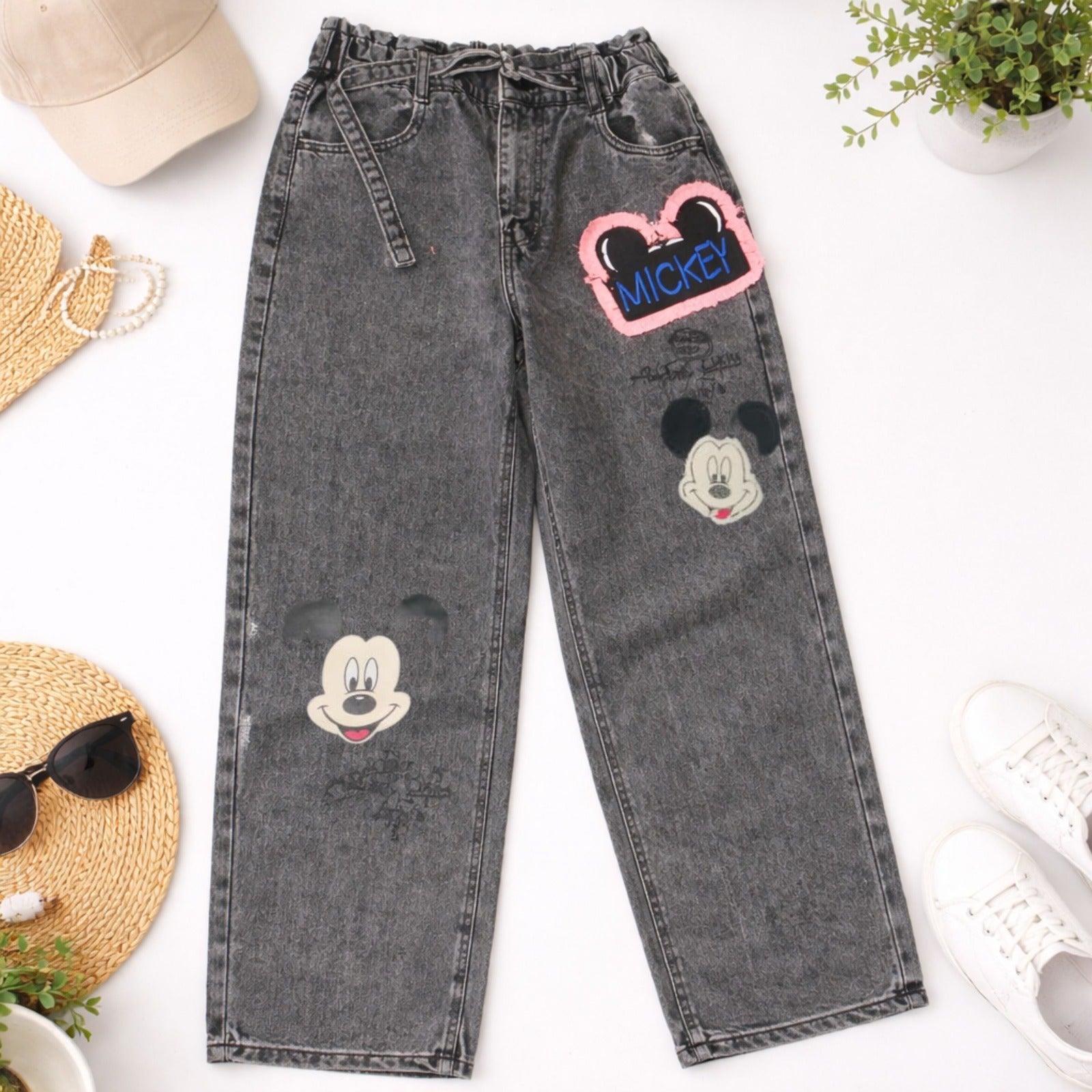 LOVEKINS Kids Grey Printed Denim Jeans – Trendy Cartoon Patch Straight Fit Jeans (8 to 14+ Years)