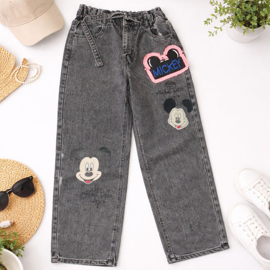 LOVEKINS Kids Grey Printed Denim Jeans – Trendy Cartoon Patch Straight Fit Jeans (8 to 14+ Years)
