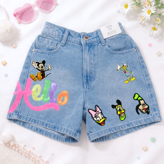 LOVEKINS Girls Denim Cartoon Patch Shorts – Stylish Casual Summer Wear (6–12 Years)