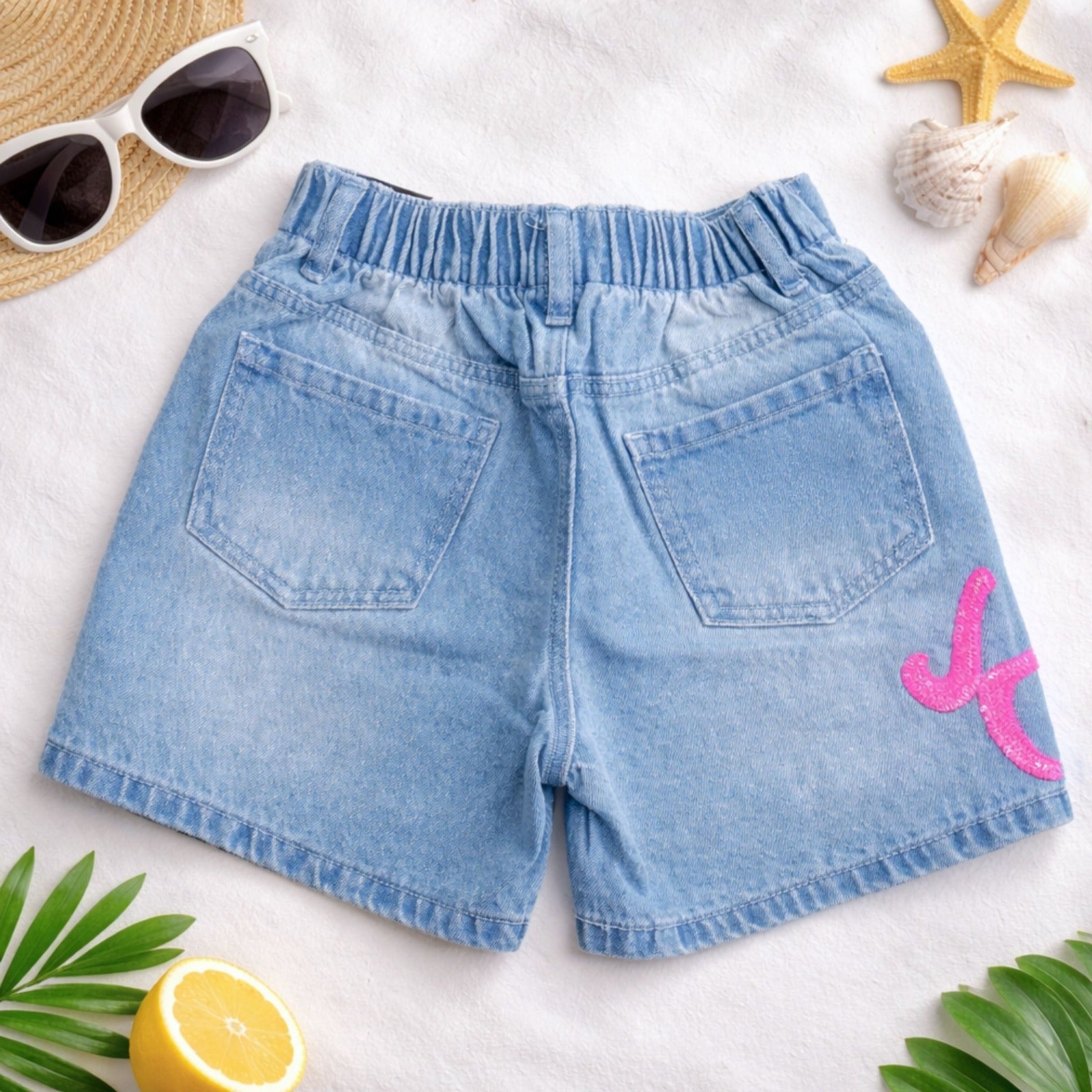 LOVEKINS Girls Denim Cartoon Patch Shorts – Stylish Casual Summer Wear (6–12 Years)