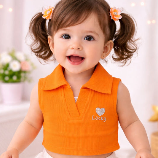 Smile Baby Girls Sleeveless Collar Crop Top – Lucky Heart Design (18 Months to 4 Years)