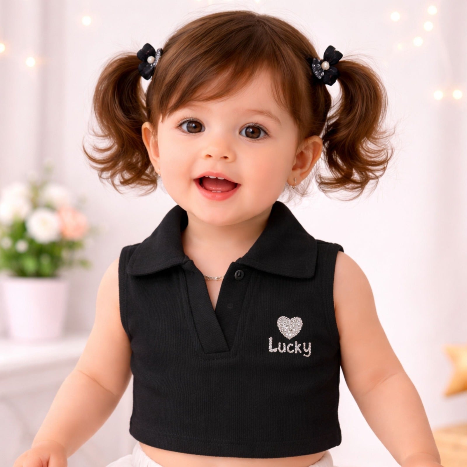 Smile Baby Girls Sleeveless Collar Crop Top – Lucky Heart Design (18 Months to 4 Years)