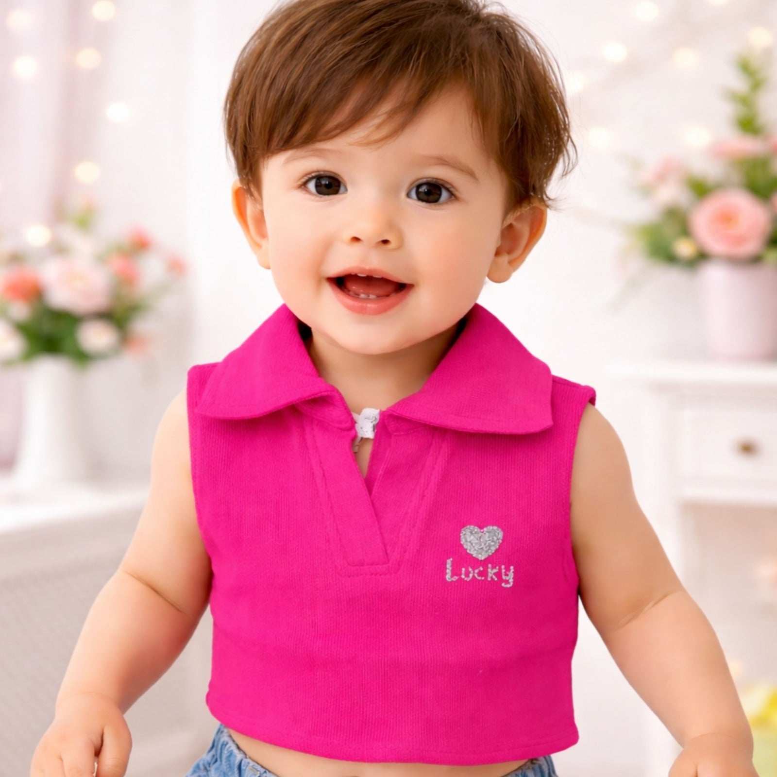 Smile Baby Girls Sleeveless Collar Crop Top – Lucky Heart Design (18 Months to 4 Years)