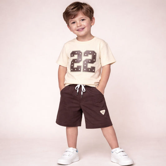 Smile Baby Boys Brown Co-ord Set – Printed T-Shirt with Shorts (18 Months to 12 Years)