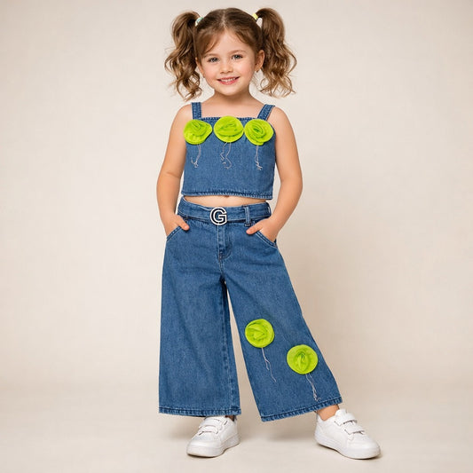 IT'S NEW Girls Denim Co-ord Set – Stylish Crop Top & Wide Leg Pants (2 to 7 Years)