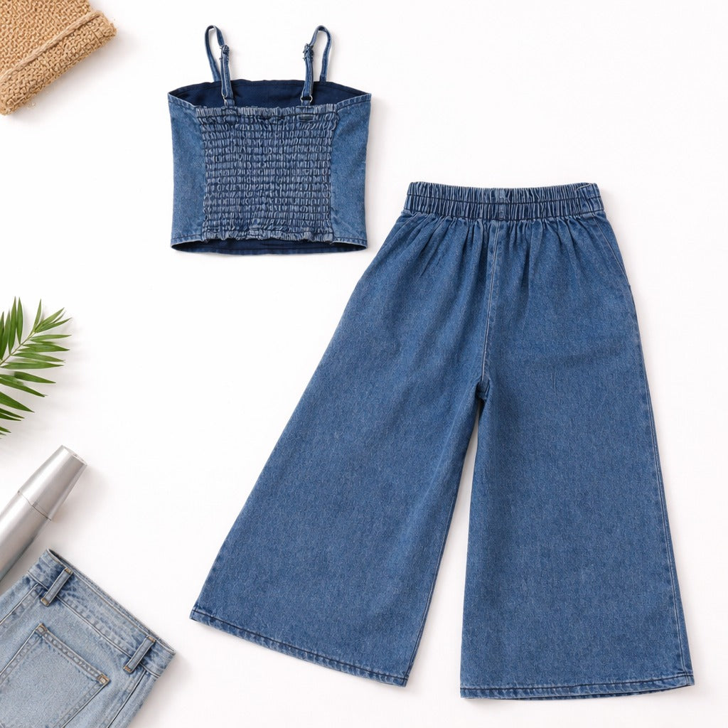 IT'S NEW Girls Denim Co-ord Set – Stylish Crop Top & Wide Leg Pants (2 to 7 Years)