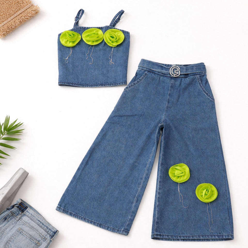 IT'S NEW Girls Denim Co-ord Set – Stylish Crop Top & Wide Leg Pants (2 to 7 Years)