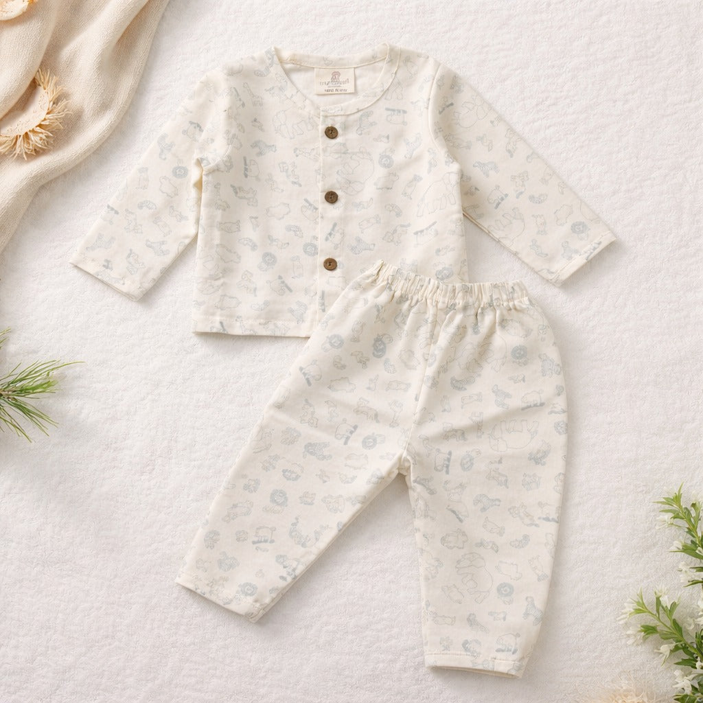 NUM NUM Baby Off White Night Suit Set – Soft Printed Cotton Sleepwear (NB to 9 Months)