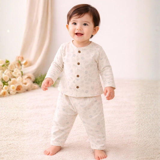 NUM NUM Baby Off White Night Suit Set – Soft Printed Cotton Sleepwear (NB to 9 Months)