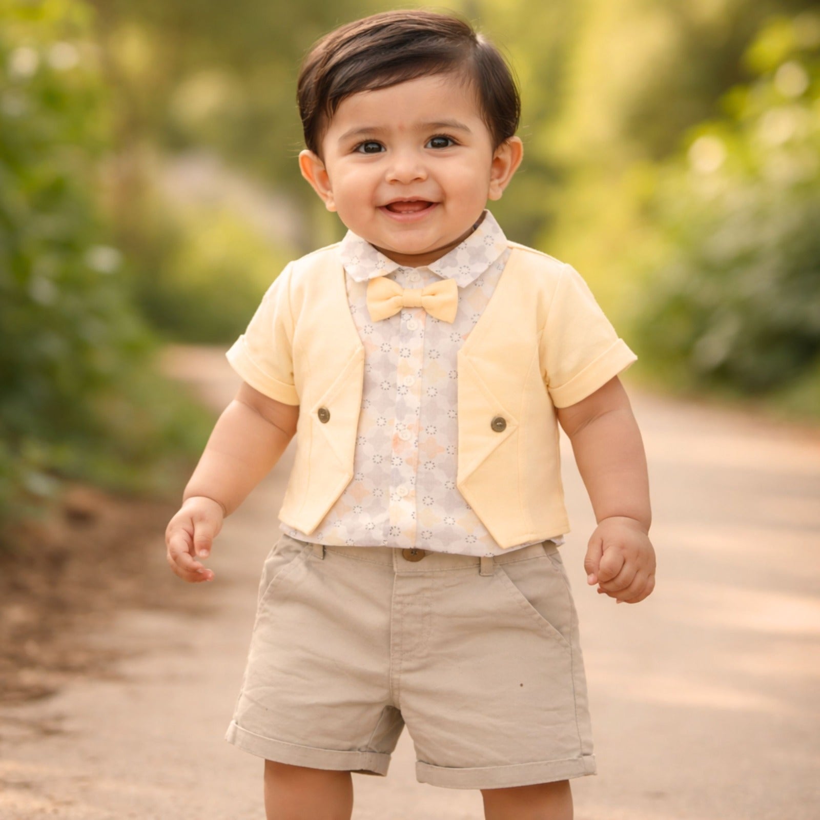 TOFFY HOUSE Baby Yellow Formal Outfit Set – Shirt, Shorts & Bow Tie (NB to 9 Months)