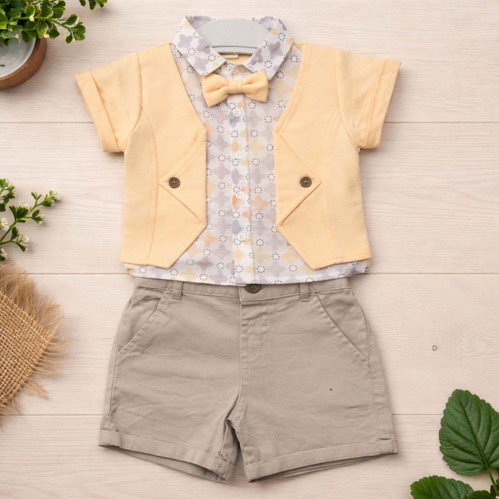 TOFFY HOUSE Baby Yellow Formal Outfit Set – Shirt, Shorts & Bow Tie (NB to 9 Months)
