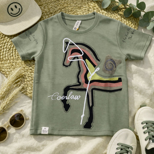 99 BALLON Kids Olive Green Graphic T-Shirt – Stylish Flamingo Design Casual Tee