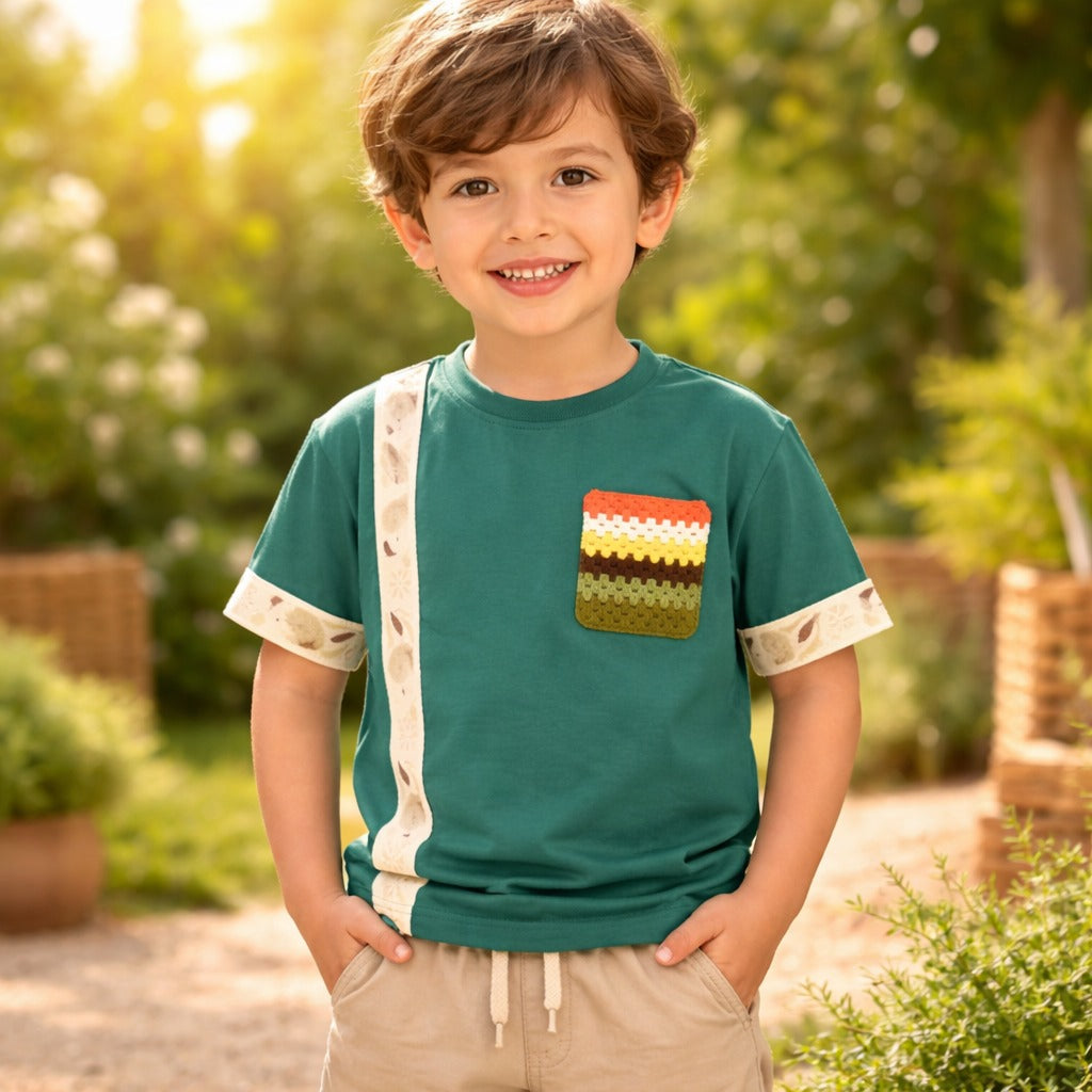 UNIKON Kids Peacock Green Designer T-Shirt – Stylish Pocket & Stripe Detail Tee