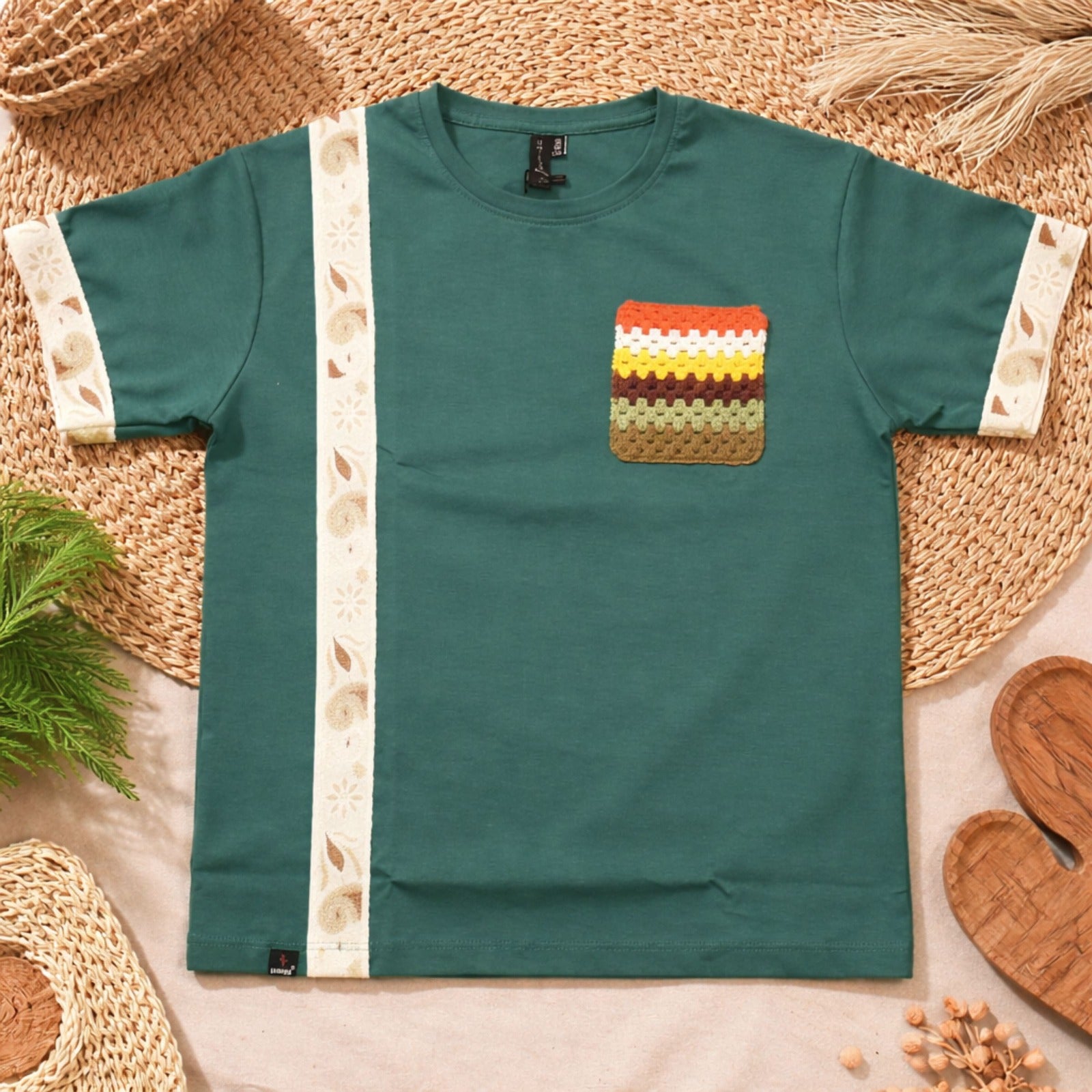 UNIKON Kids Peacock Green Designer T-Shirt – Stylish Pocket & Stripe Detail Tee
