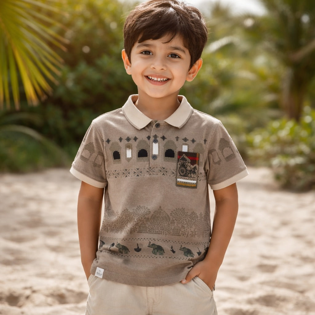 99 BALLON Kids Khakhi Printed Polo T-Shirt – Stylish Ethnic Graphic Casual Wear