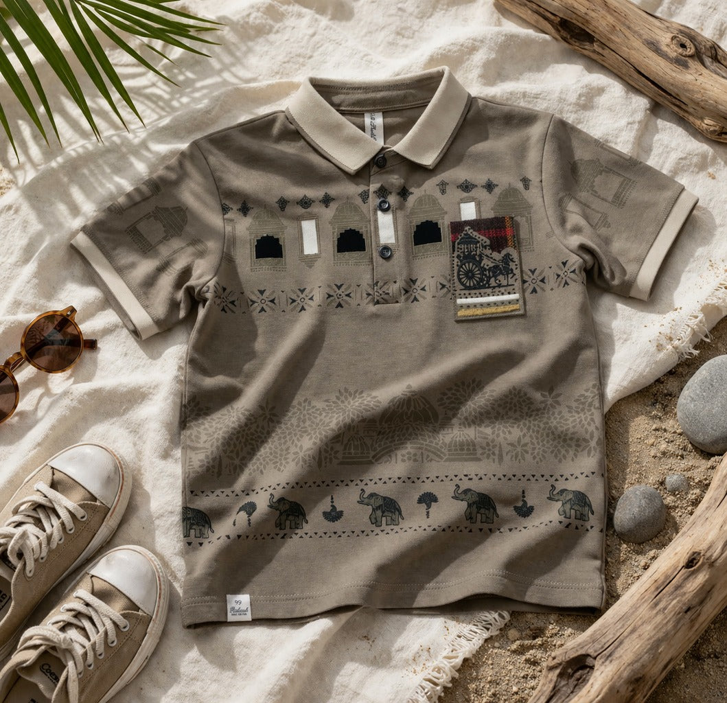 99 BALLON Kids Khakhi Printed Polo T-Shirt – Stylish Ethnic Graphic Casual Wear