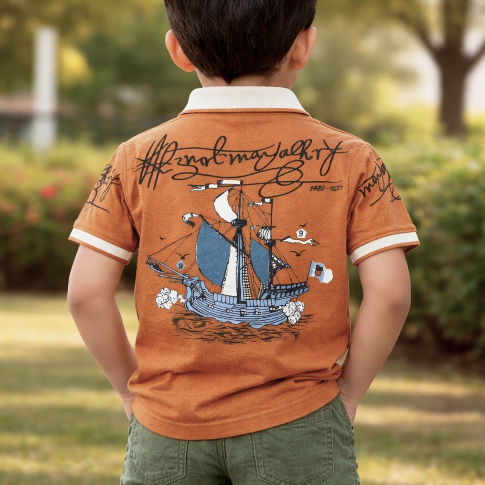 99 BALLON Kids Mustard Printed Polo T-Shirt – Stylish Ship Graphic Casual Wear