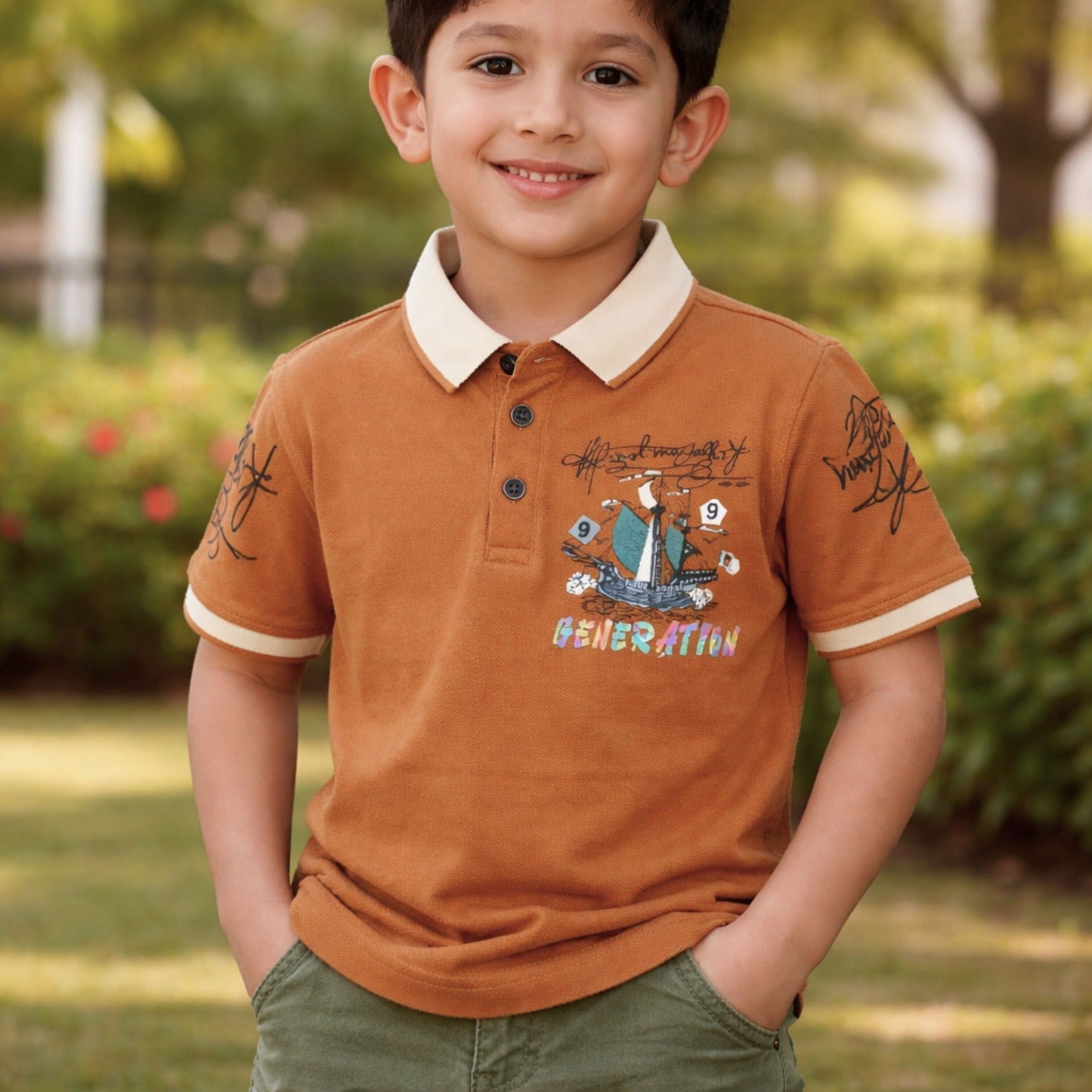 99 BALLON Kids Mustard Printed Polo T-Shirt – Stylish Ship Graphic Casual Wear