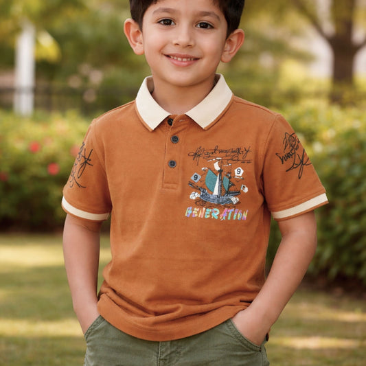 99 BALLON Kids Mustard Printed Polo T-Shirt – Stylish Ship Graphic Casual Wear