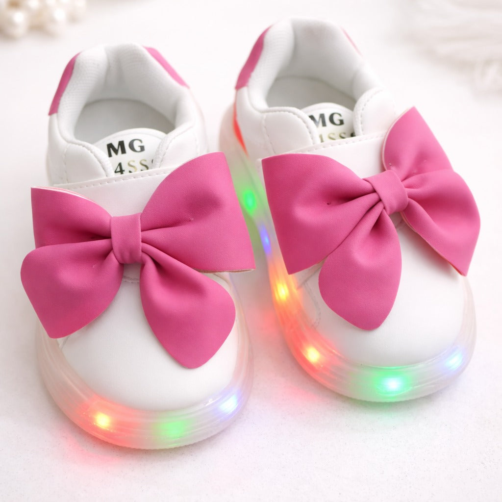 Smile Baby LED Light Shoes for Girls (12 Months–4 Years) – Cute Bow Design Stylish Kids Footwear (White & Pink)