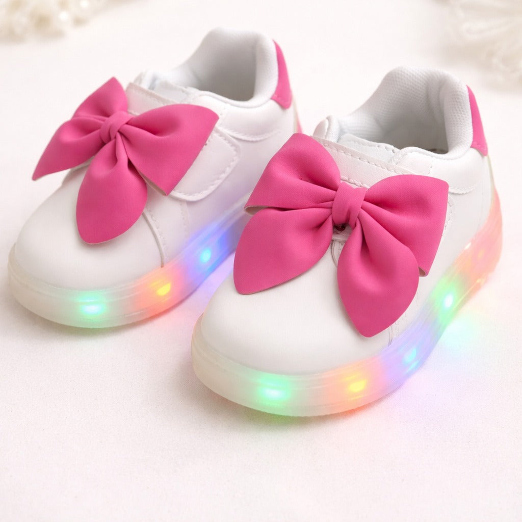 Smile Baby LED Light Shoes for Girls (12 Months–4 Years) – Cute Bow Design Stylish Kids Footwear (White & Pink)
