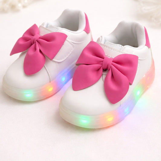 Smile Baby LED Light Shoes for Girls (12 Months–4 Years) – Cute Bow Design Stylish Kids Footwear (White & Pink)