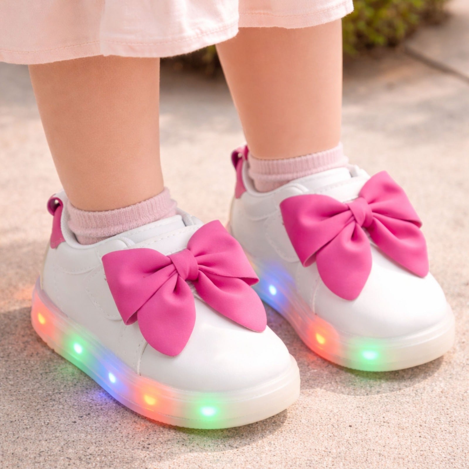 Smile Baby LED Light Shoes for Girls (12 Months–4 Years) – Cute Bow Design Stylish Kids Footwear (White & Pink)