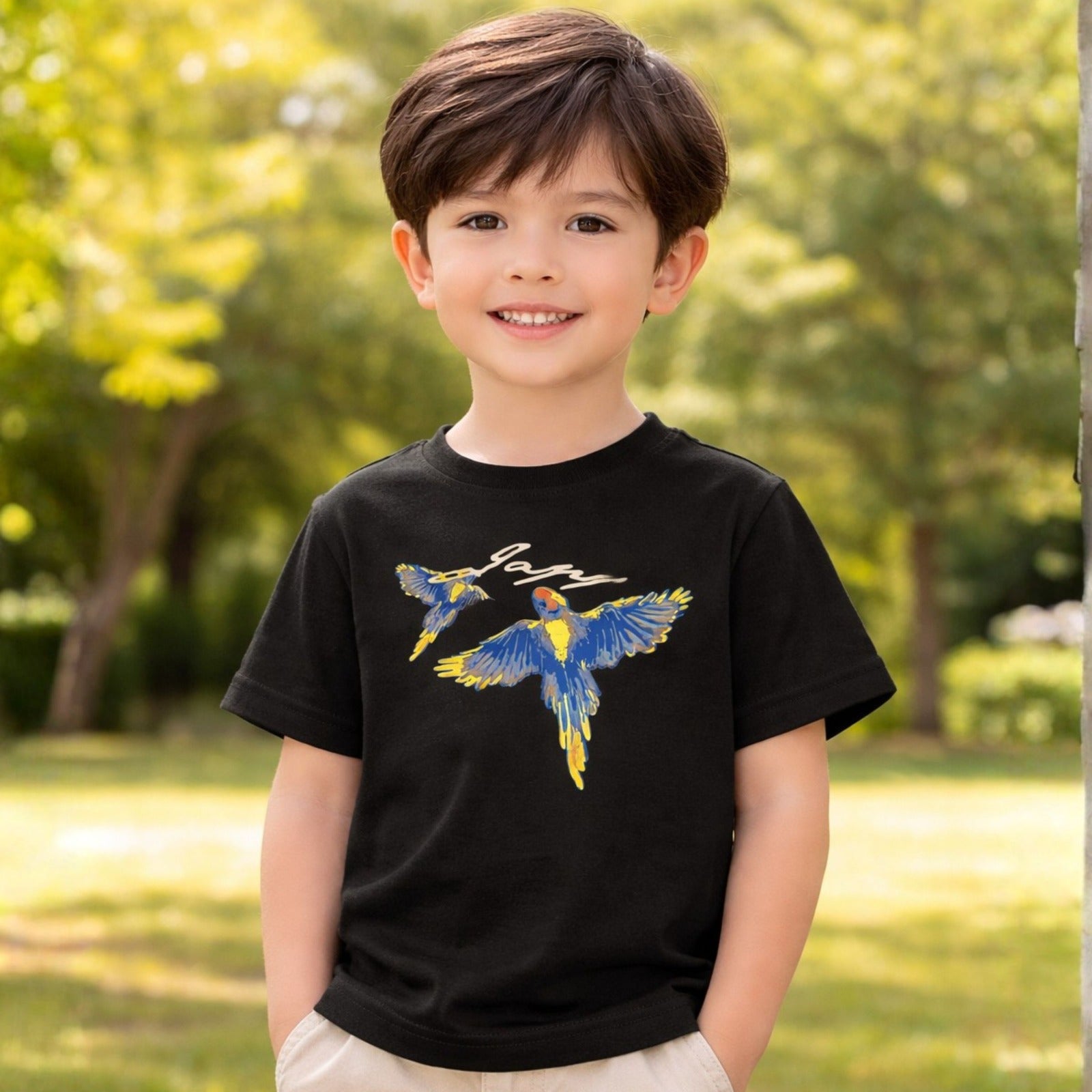 Smile Baby Boys Printed Cotton T-Shirt – Parrot Graphic Design (Brown & Black) | 4-12 Years