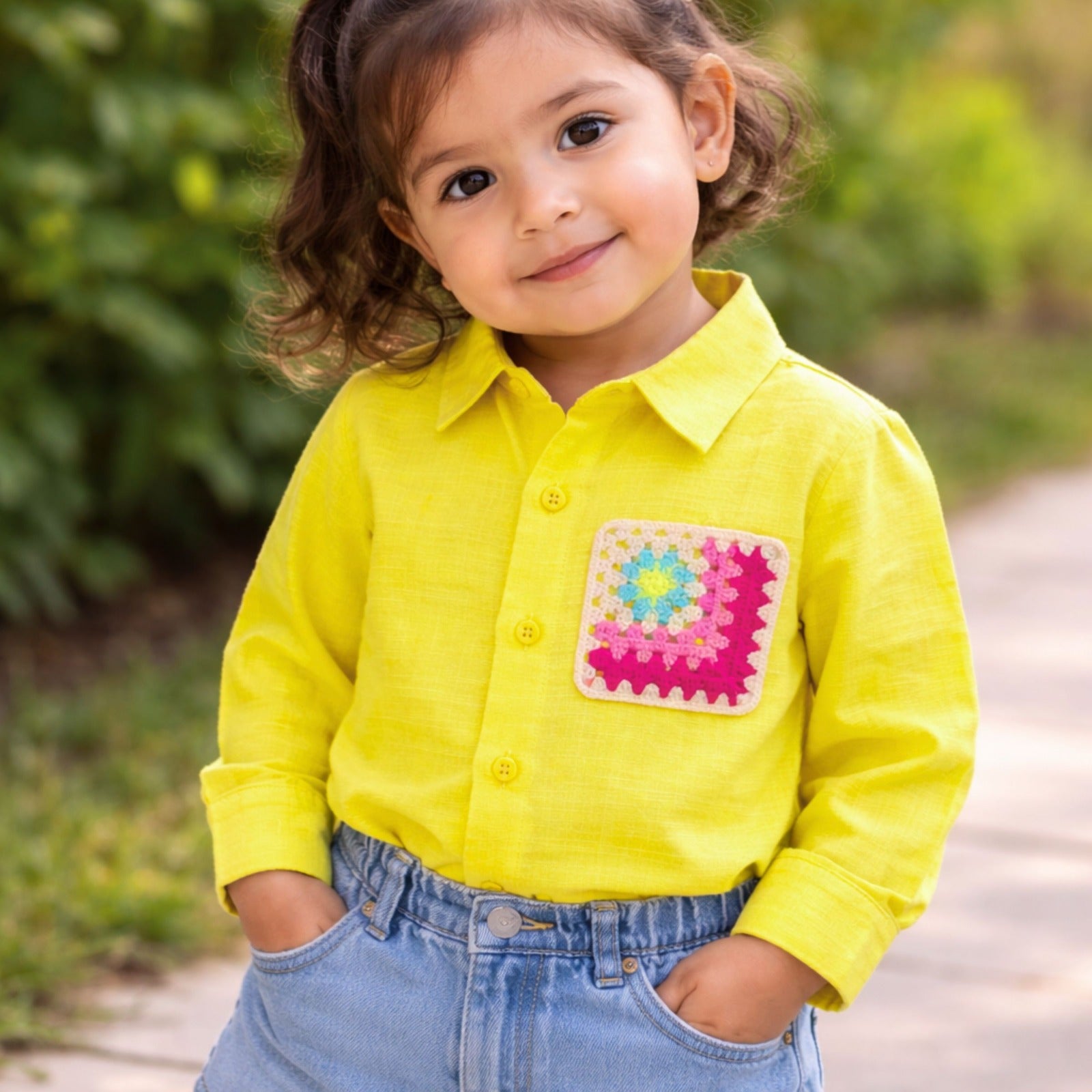 Smile Baby Girls Linen Shirt with Crochet Pocket Patch | Stylish Kids Casual Shirt (4–12Y)