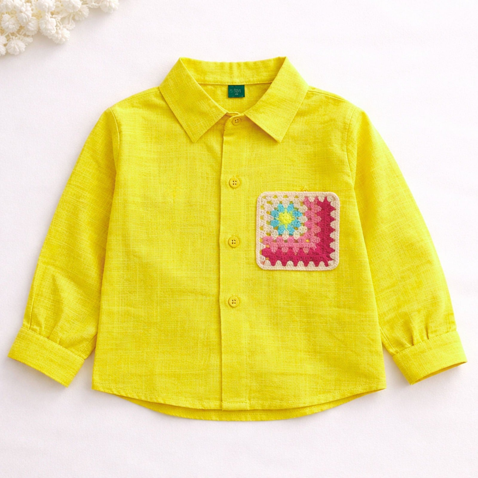 Smile Baby Girls Linen Shirt with Crochet Pocket Patch | Stylish Kids Casual Shirt (4–12Y)