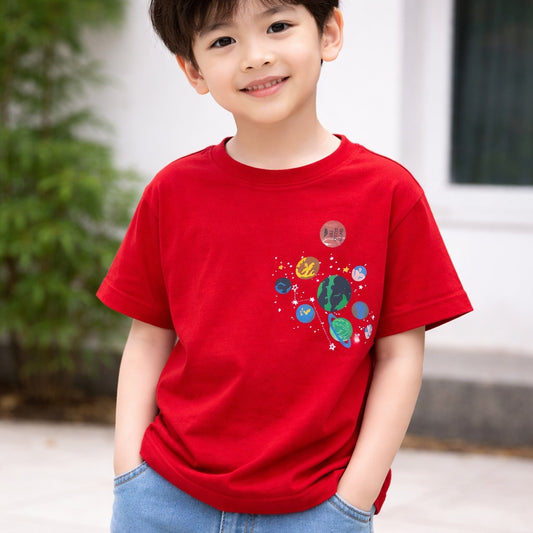 SMILE BABY Kids Red Space Print Cotton T-Shirt (4-12 Years)