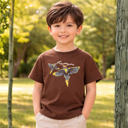 Smile Baby Boys Printed Cotton T-Shirt – Parrot Graphic Design (Brown & Black) | 4-12 Years