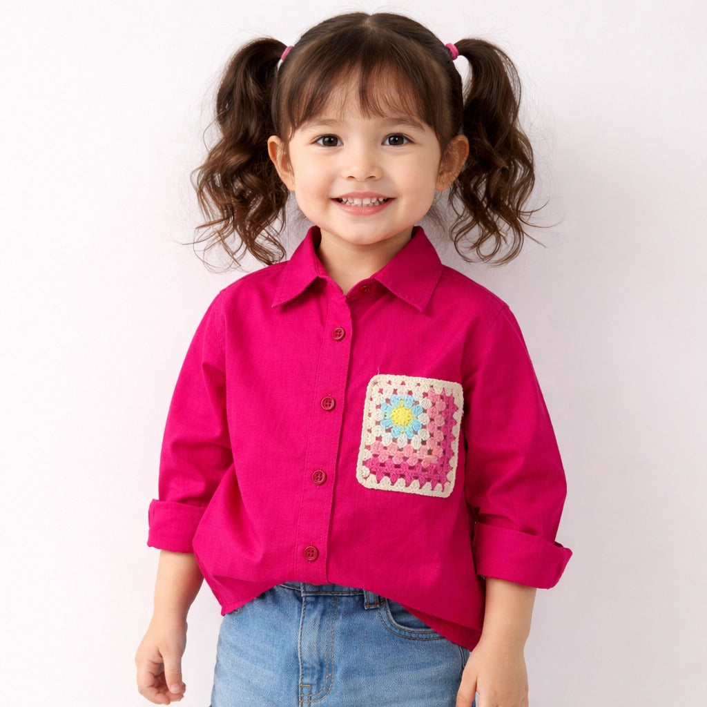 Smile Baby Girls Linen Shirt with Crochet Pocket Patch | Stylish Kids Casual Shirt (4–12Y)