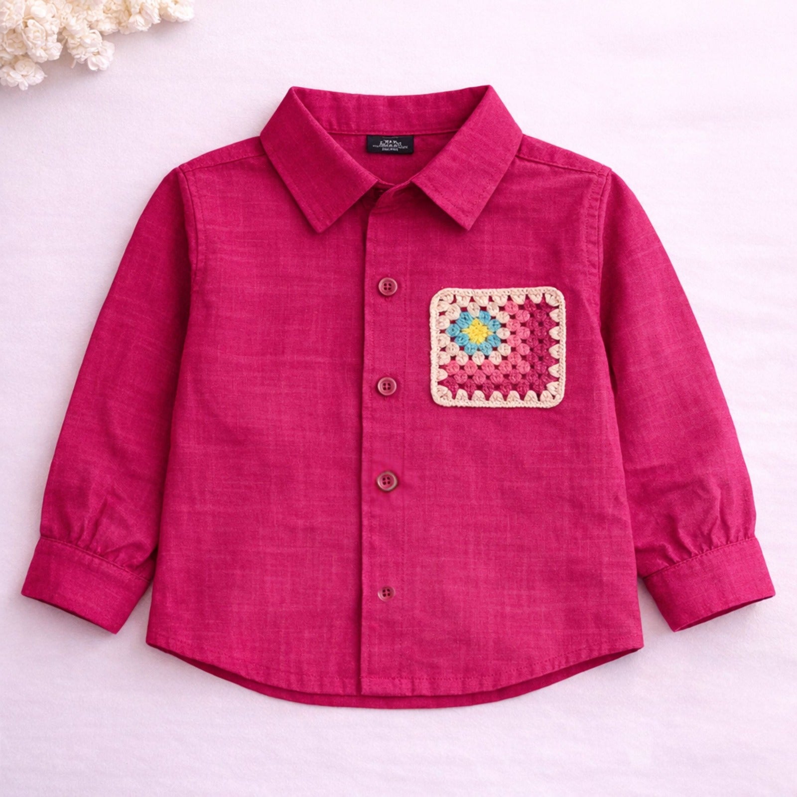 Smile Baby Girls Linen Shirt with Crochet Pocket Patch | Stylish Kids Casual Shirt (4–12Y)