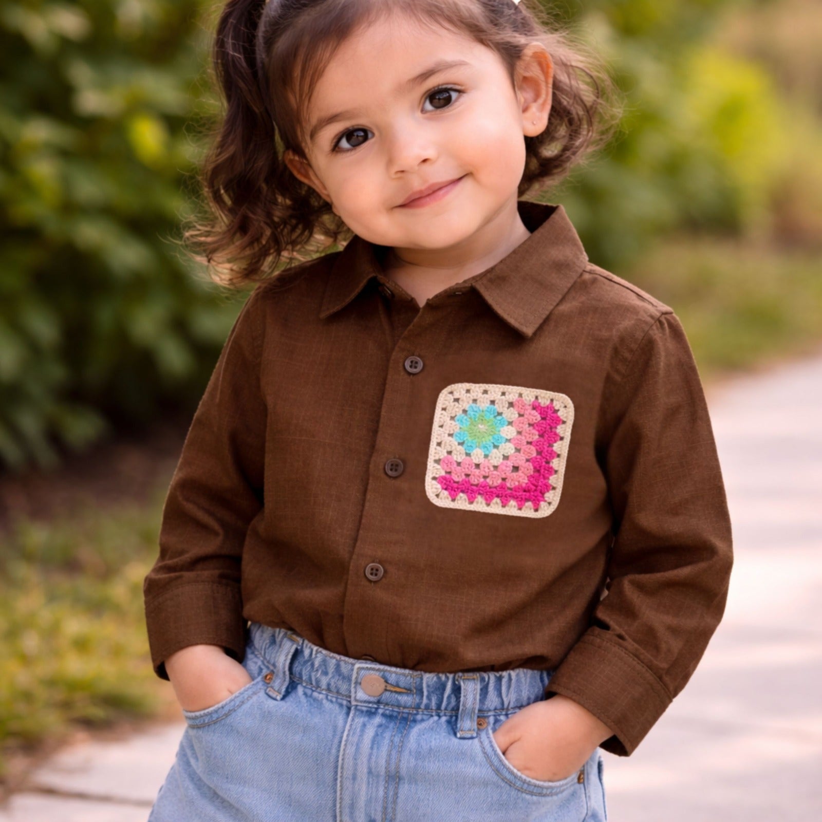 Smile Baby Girls Linen Shirt with Crochet Pocket Patch | Stylish Kids Casual Shirt (4–12Y)