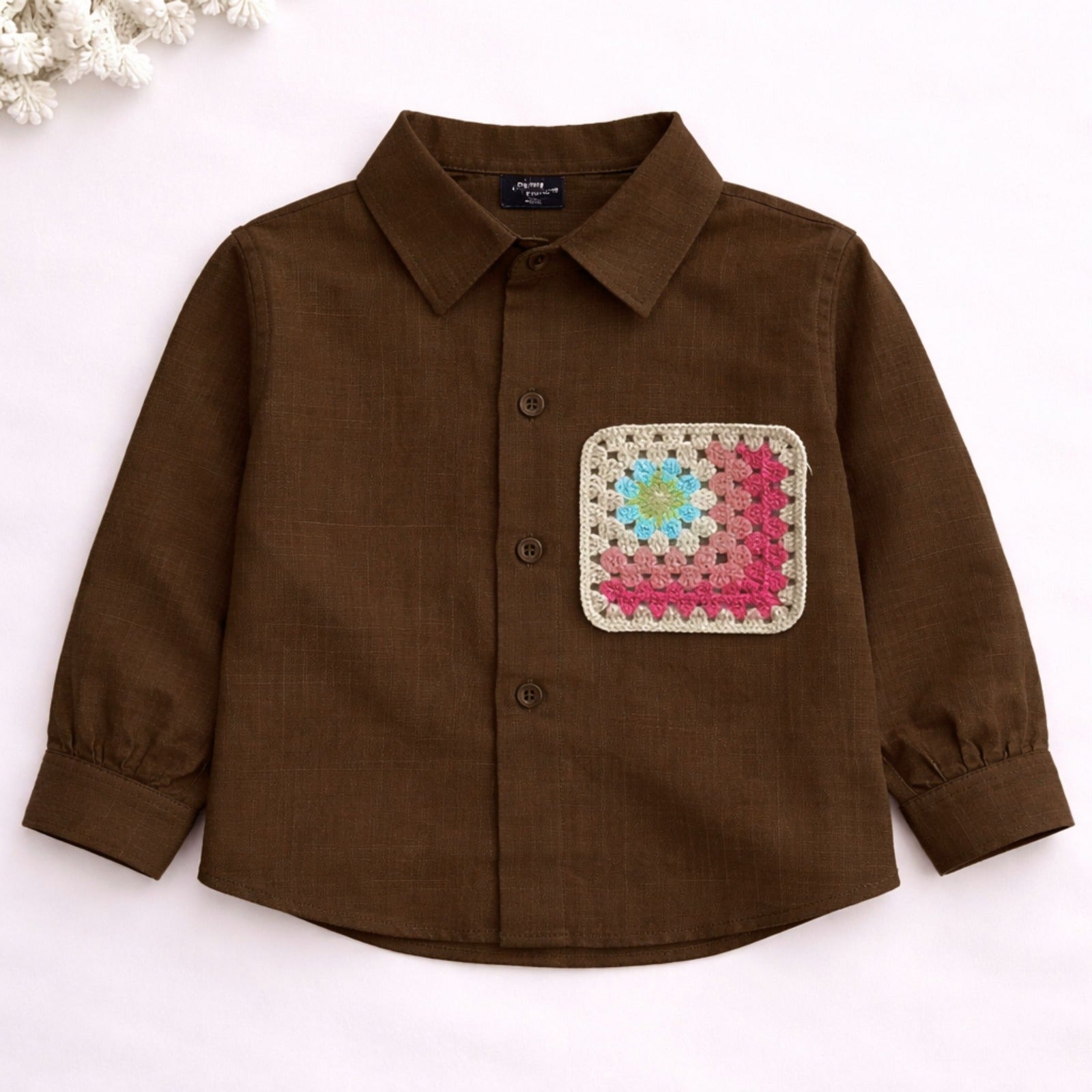 Smile Baby Girls Linen Shirt with Crochet Pocket Patch | Stylish Kids Casual Shirt (4–12Y)