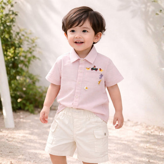 KIDZELLO Baby Boy Pink Shirt & Cargo Shorts Set – Soft Summer Outfit for Infants (0–12 Months)