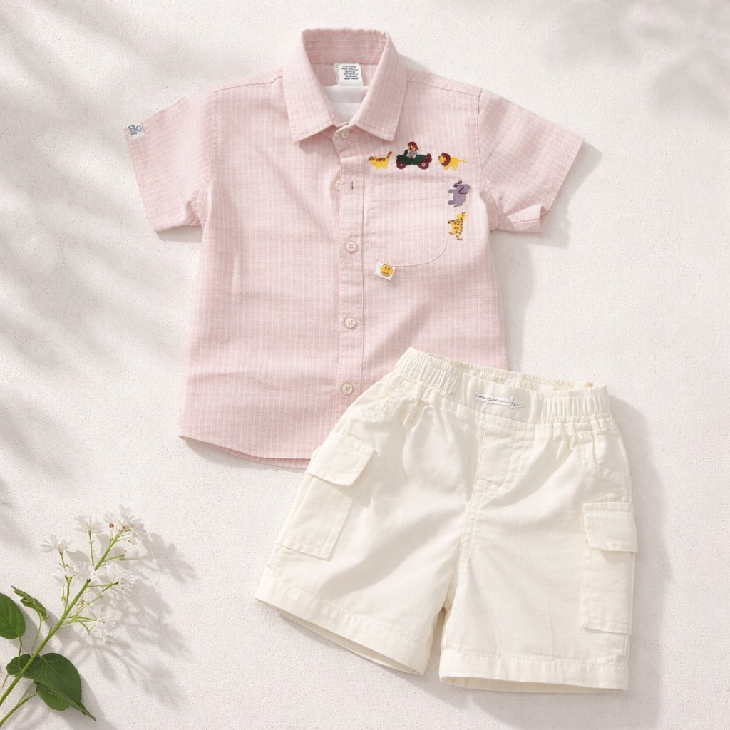 KIDZELLO Baby Boys Summer Shirt & Shorts Set (0–12 Months) – Soft Cotton Outfit in Orange & Pink