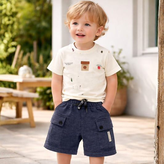KIDZELLO Baby Boy White Printed T-Shirt & Navy Cargo Shorts Set – Stylish Summer Outfit (0–24 Months)