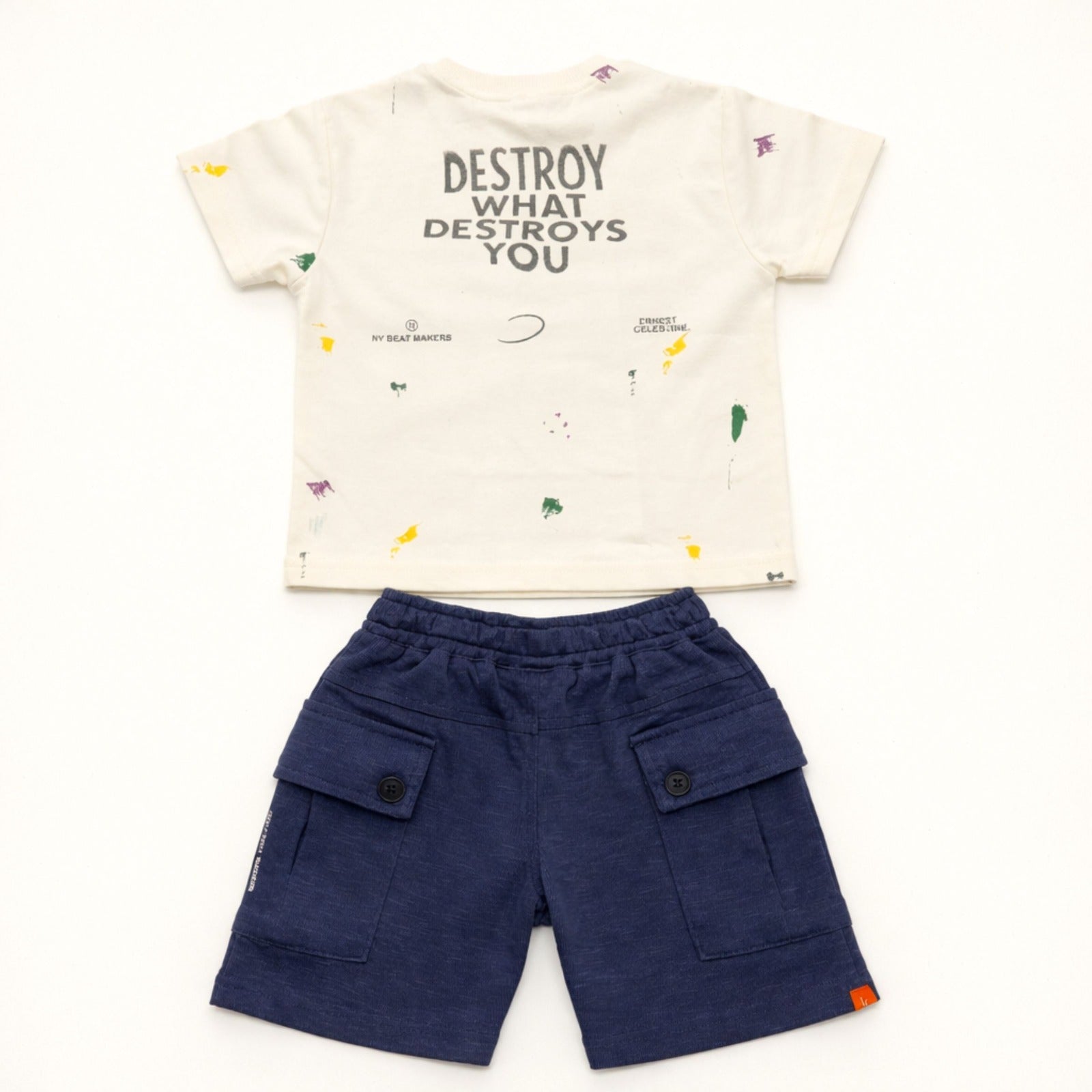 KIDZELLO Baby Boy White Printed T-Shirt & Navy Cargo Shorts Set – Stylish Summer Outfit (0–24 Months)