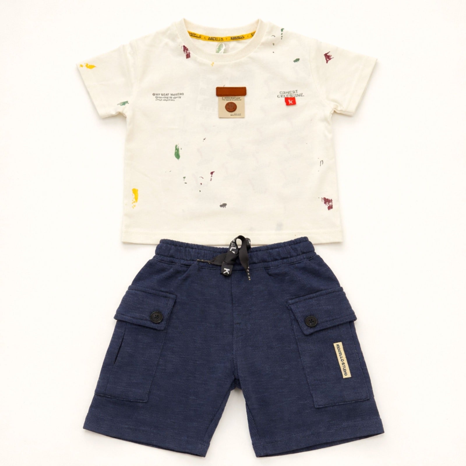 KIDZELLO Baby Boy White Printed T-Shirt & Navy Cargo Shorts Set – Stylish Summer Outfit (0–24 Months)