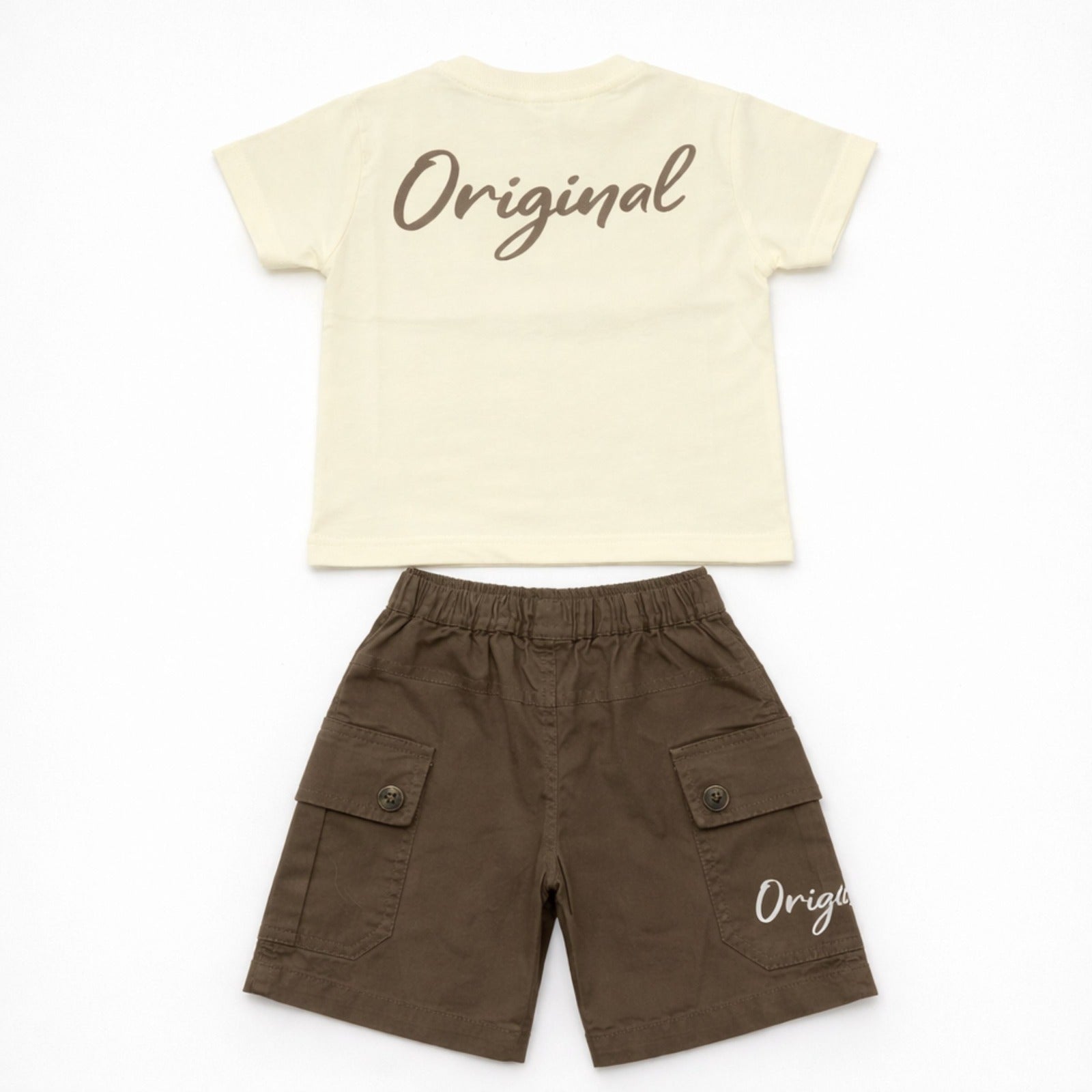 KIDZELLO Baby Boy Cream “Original” T-Shirt & Brown Cargo Shorts Set – Stylish Summer Outfit (6 Months to 3 Years)