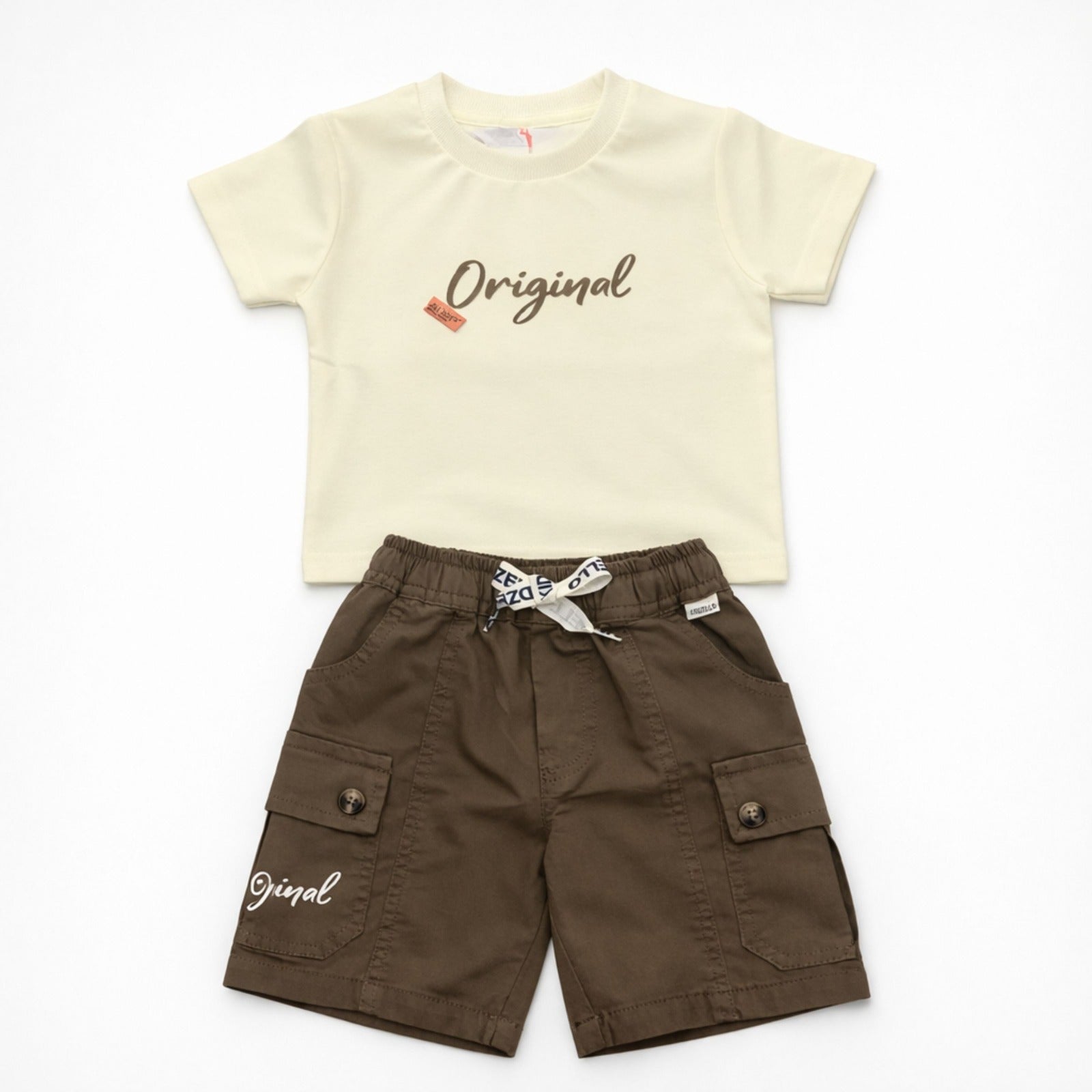 KIDZELLO Baby Boy Cream “Original” T-Shirt & Brown Cargo Shorts Set – Stylish Summer Outfit (6 Months to 3 Years)