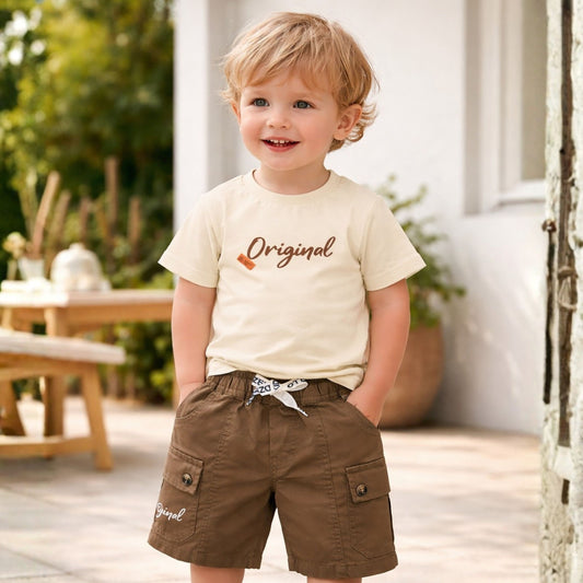KIDZELLO Baby Boy Cream “Original” T-Shirt & Brown Cargo Shorts Set – Stylish Summer Outfit (6 Months to 3 Years)